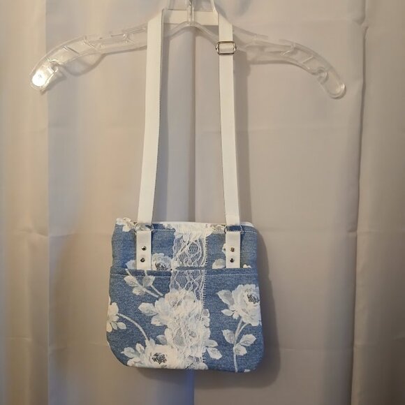New Travel Sling Shoulder bag Blue White floral Roses Canvas Lacy Zip Purse Chic - Picture 5 of 13
